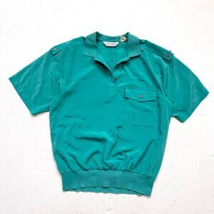 Vintage 80s Neil Martin Teal Nylon-Feel Short Sleeve Blouse Size 8